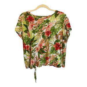 J. Jill Blouse Women's Size Large Petite Love Linen Floral Flowers‎ Green Pink